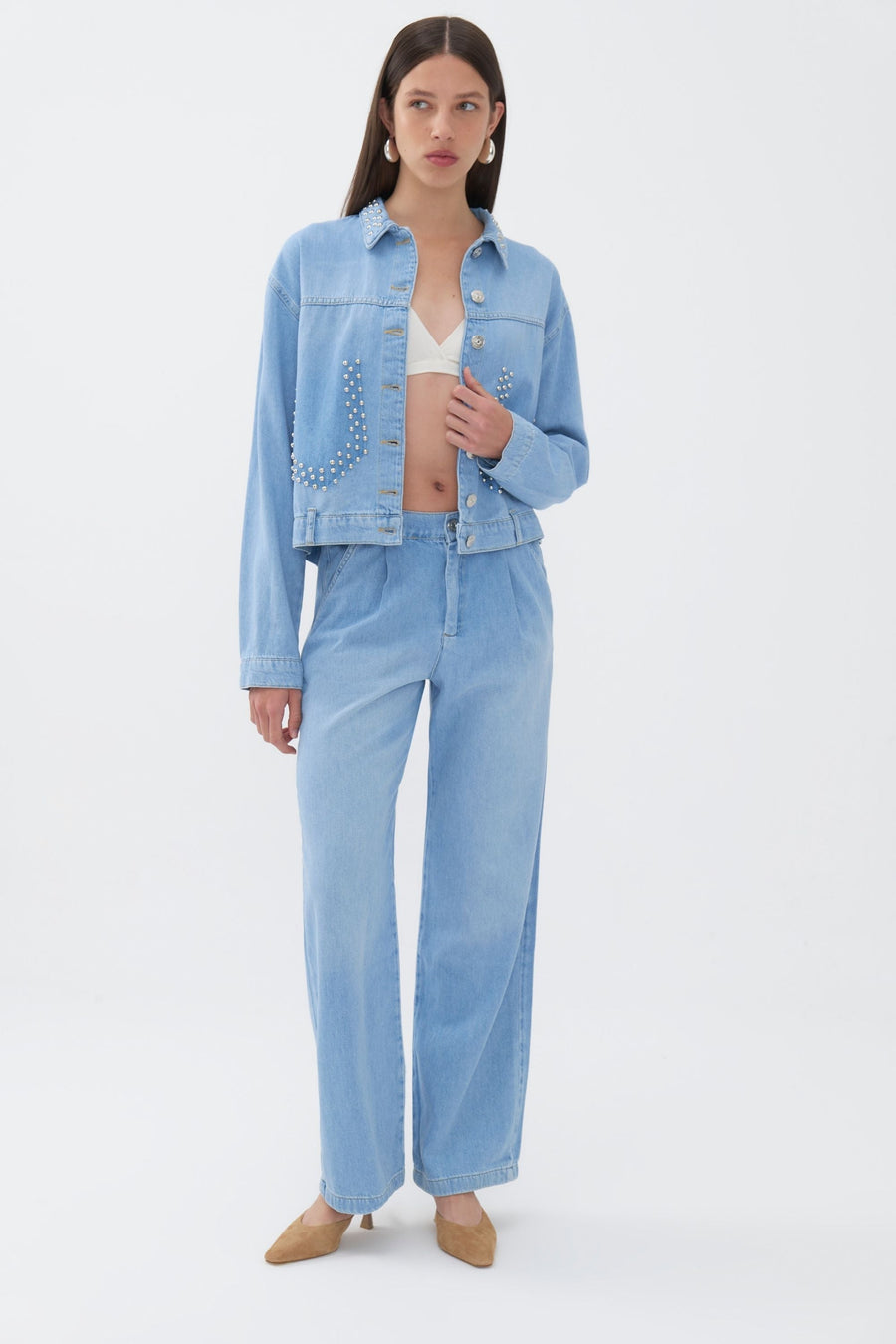 Pleated Wide Leg Blue Jeans