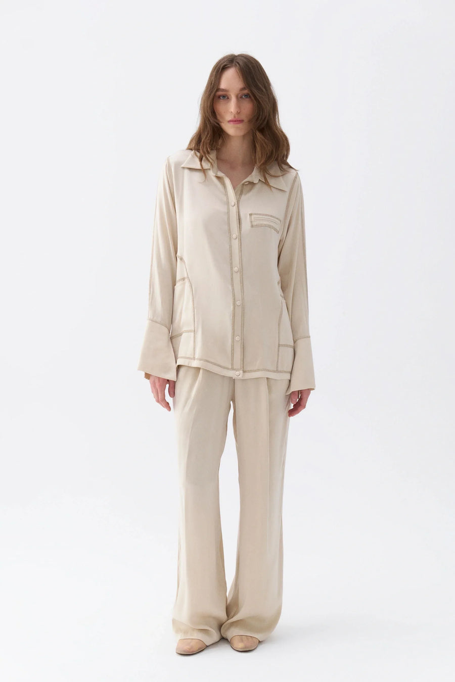 Contrast Topstitched Ivory Shirt