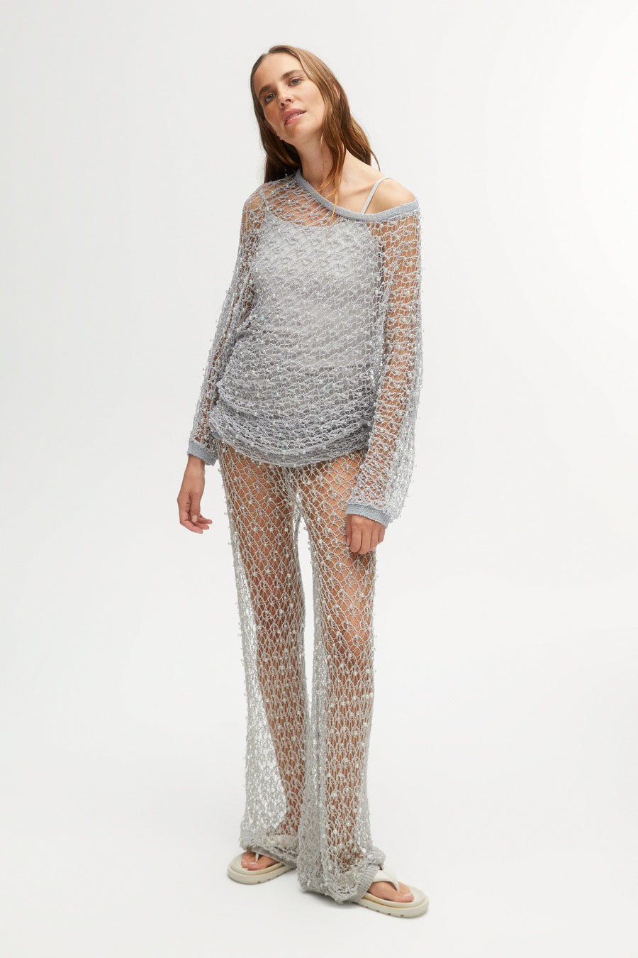 Gray Shimmering Threaded Mesh Pants