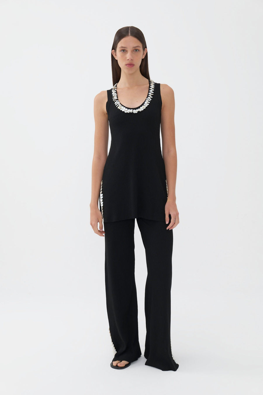 Mother of Pearl Beaded Black Knit Top