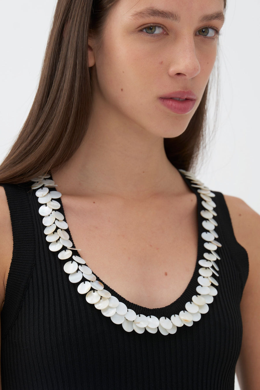 Mother of Pearl Beaded Black Knit Top