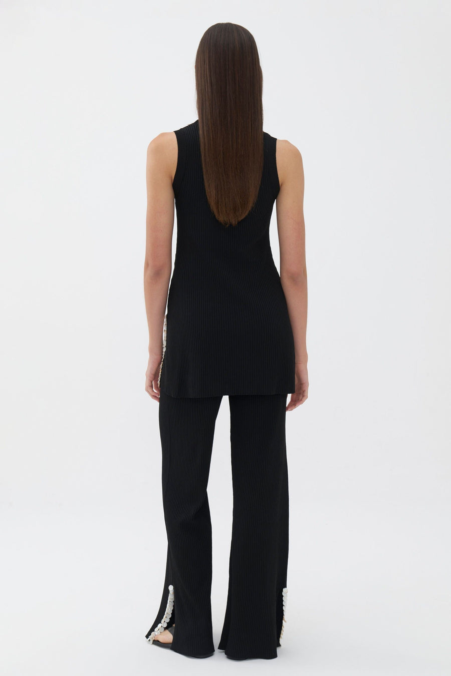 Mother of Pearl Beaded Black Knit Top