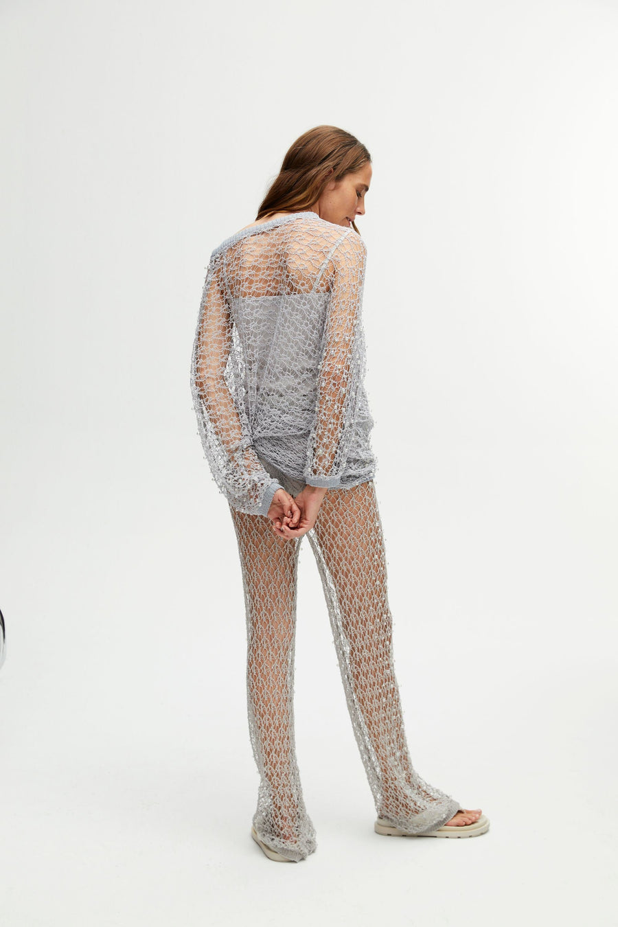 Beaded Mesh Gray Knit Top