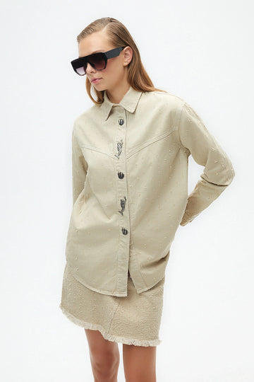 Khaki Denim Shirt with Embroidered Accessories