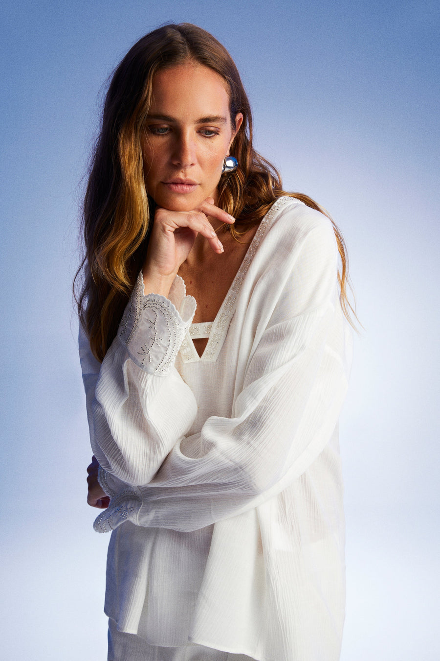 White Stone Embroidered Blouse