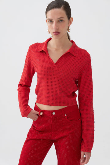 Red Knit Polo Top