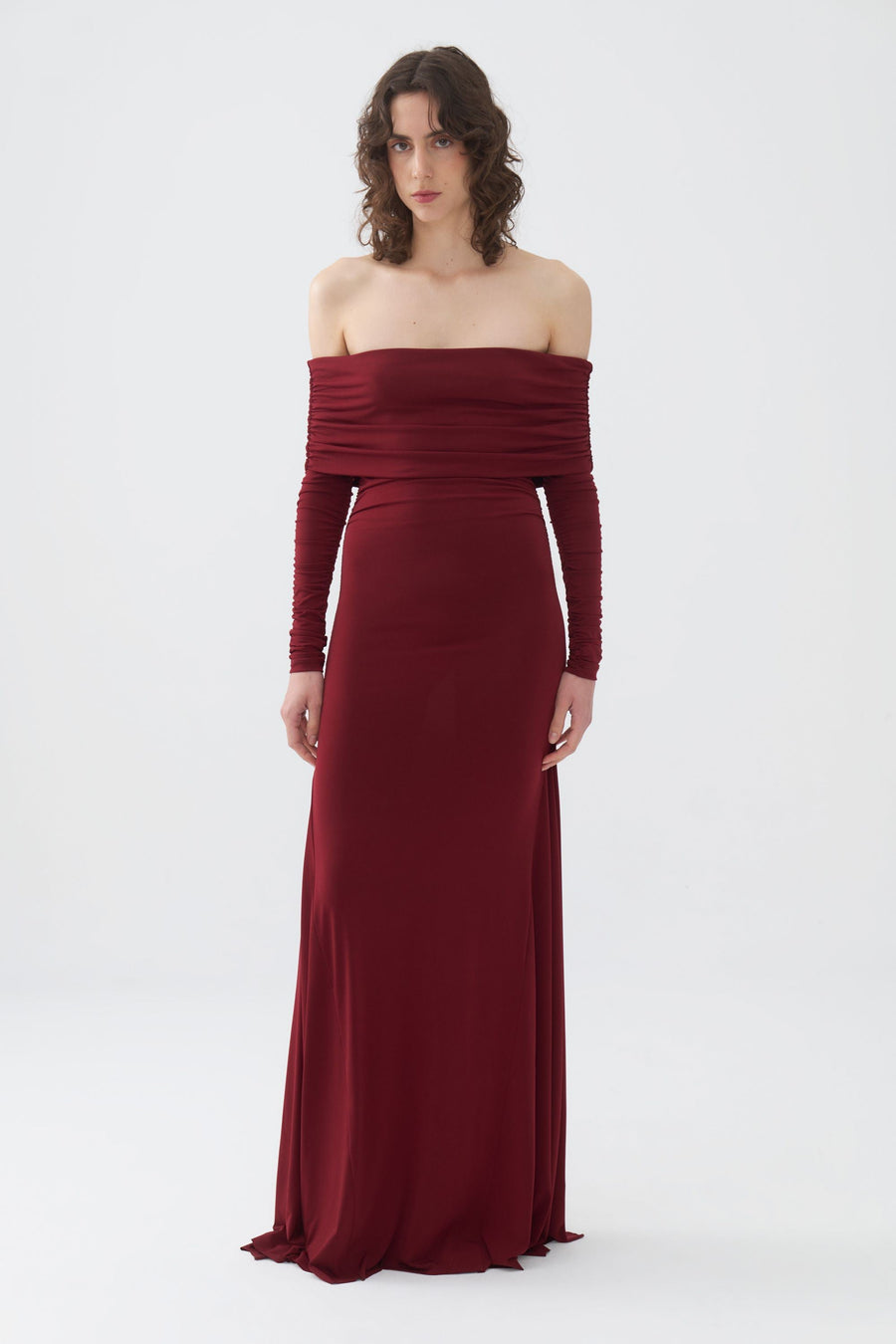 Burgundy Off-The-Shoulder Maxi Dress