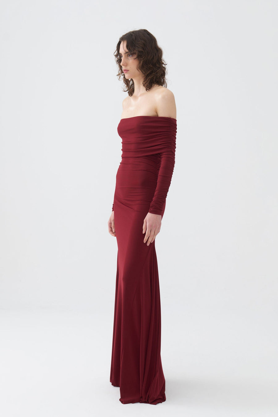 Burgundy Off-The-Shoulder Maxi Dress