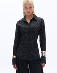 Black Rhinestone Embroidered Button-Up Shirt