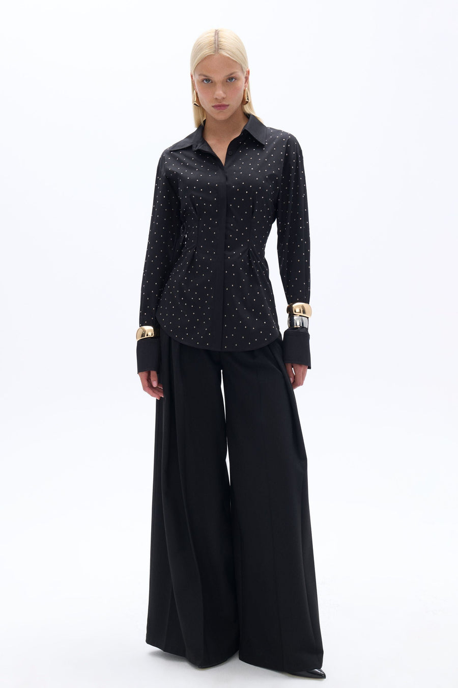 Black Rhinestone Embroidered Button-Up Shirt