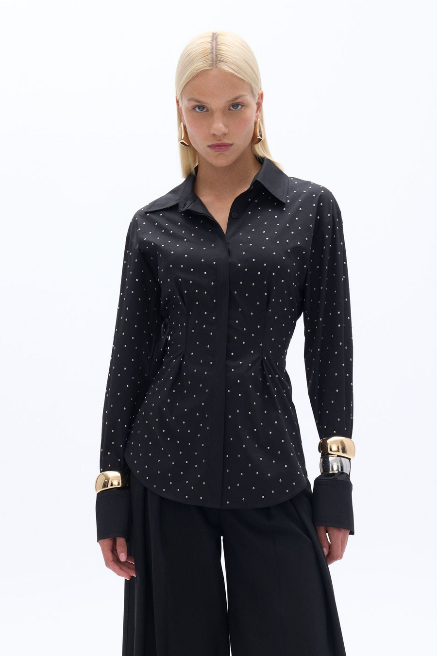 Black Rhinestone Embroidered Button-Up Shirt