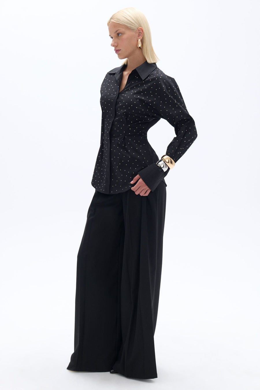 Black Rhinestone Embroidered Button-Up Shirt