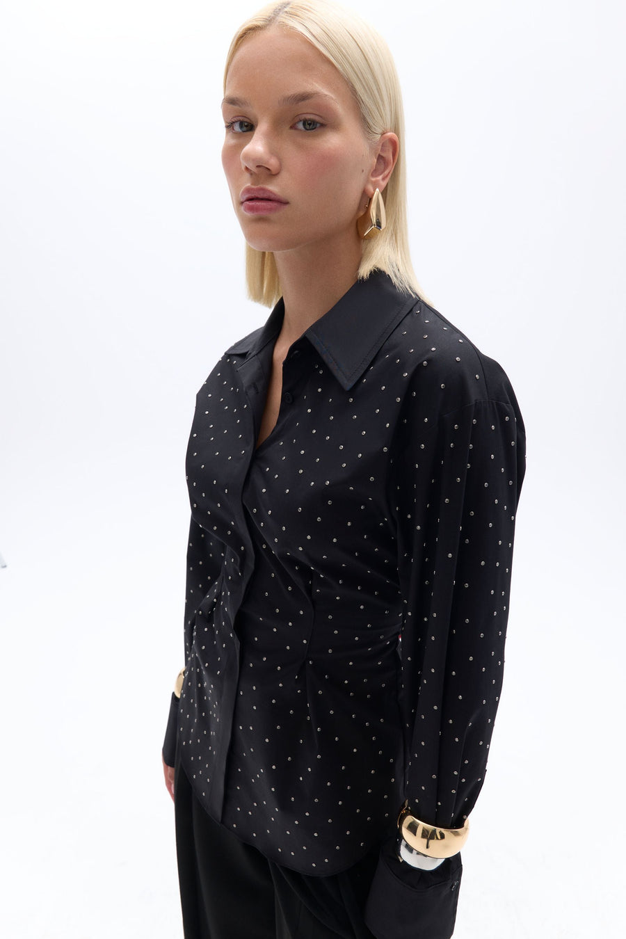 Black Rhinestone Embroidered Button-Up Shirt