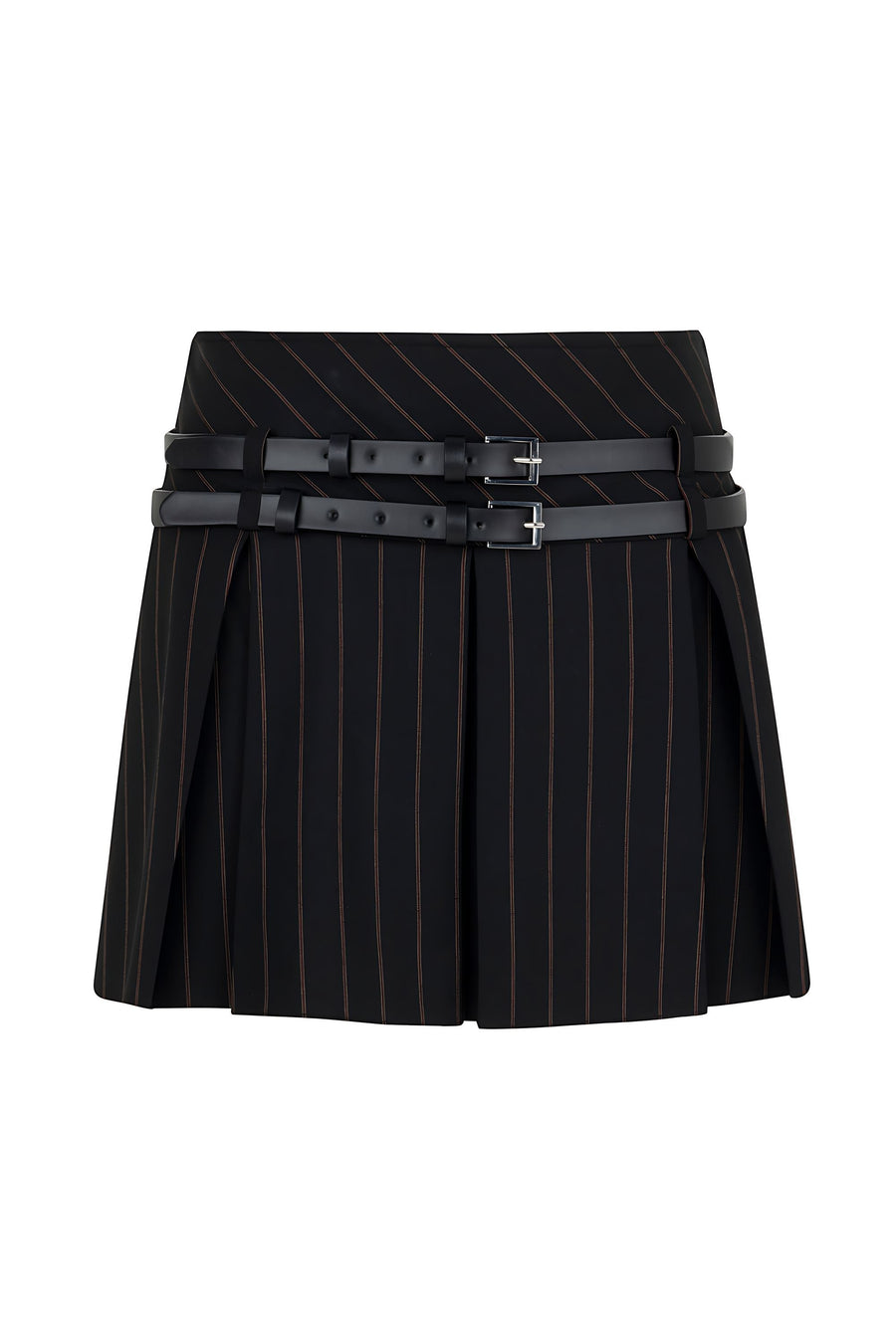 Double Belted Pleated Black Mini Skirt