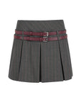 Double Belted Pleated Gray Mini Skirt