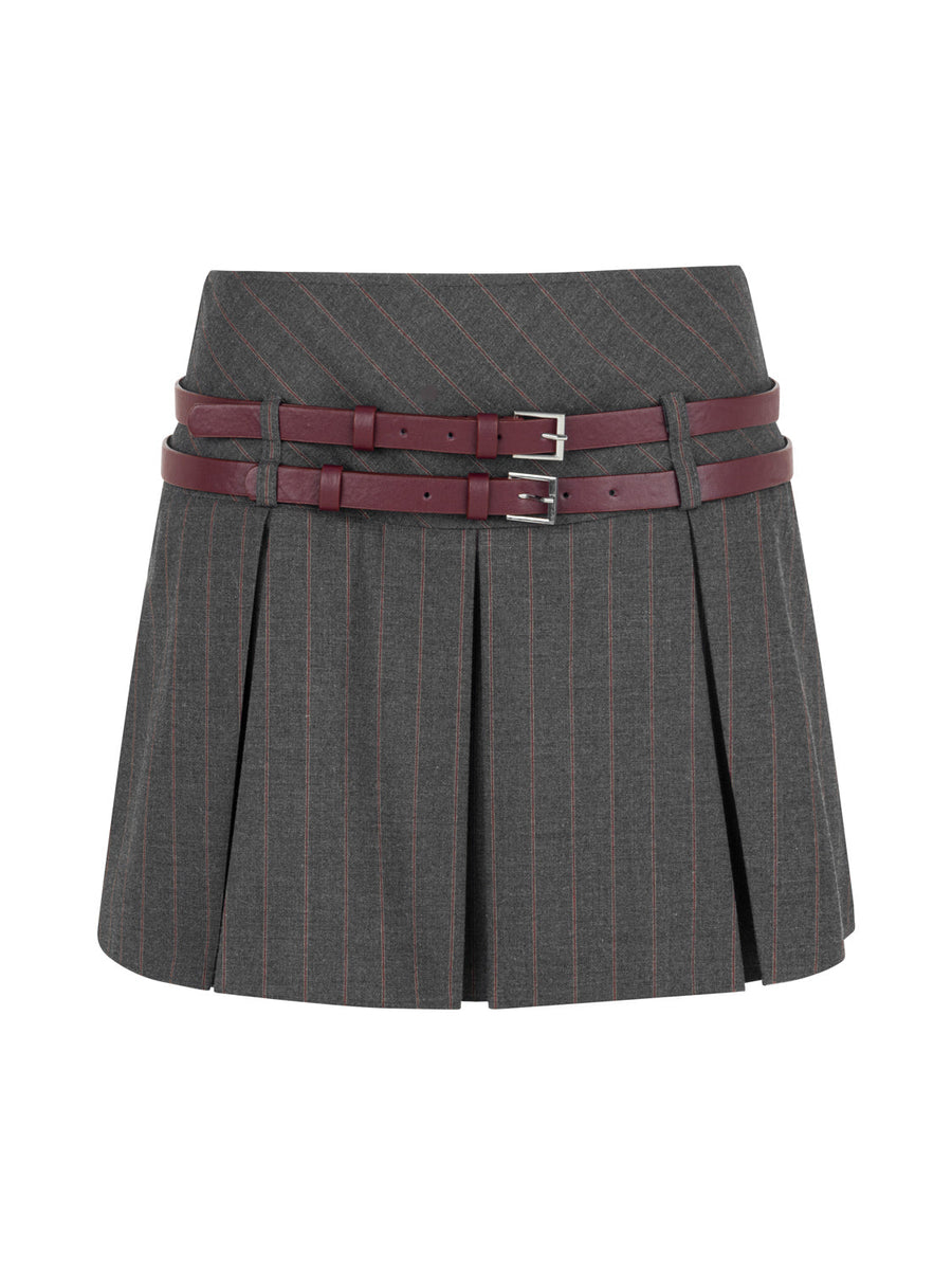 Double Belted Pleated Gray Mini Skirt