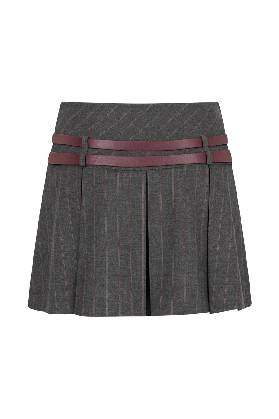 Double Belted Pleated Gray Mini Skirt