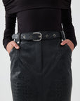 Faux Leather Midi Skirt with Belt