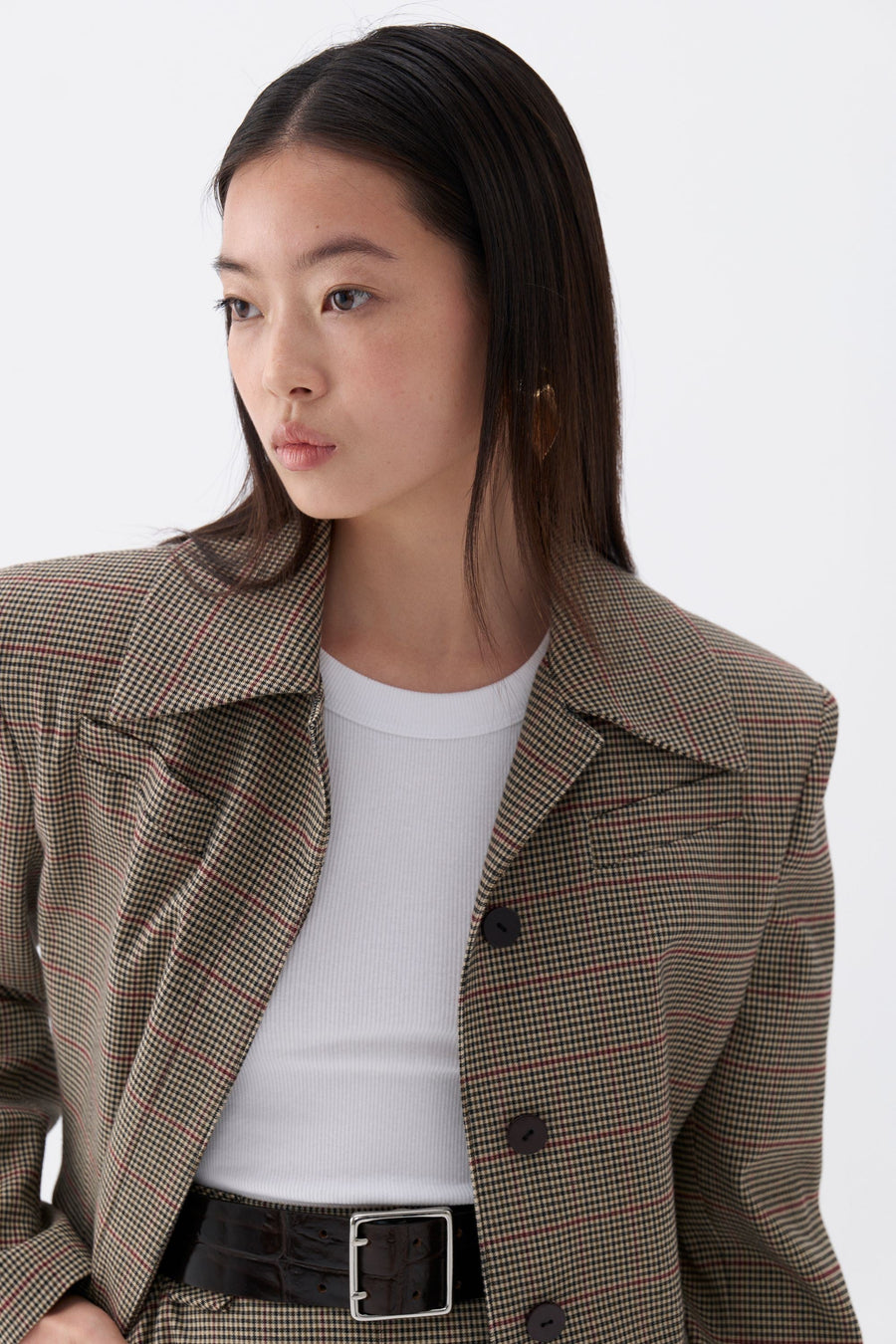 Multicolor Plaid Padded Shoulder Jacket