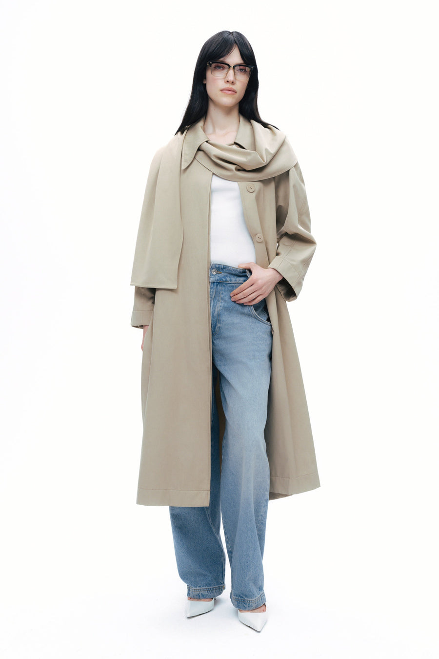 Beige Shawl-Designed Trench Coat