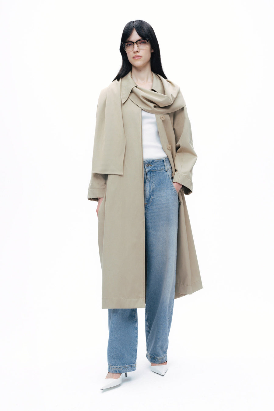 Beige Shawl-Designed Trench Coat
