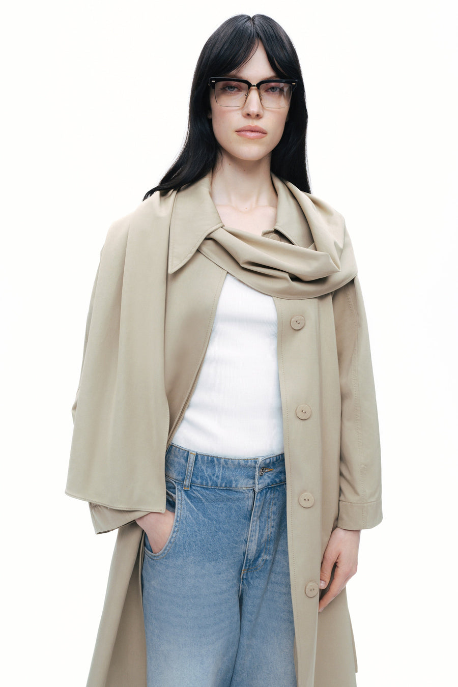 Beige Shawl-Designed Trench Coat
