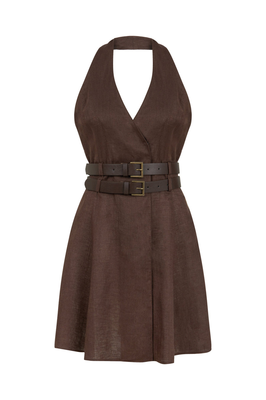 Coffee Double Belt Detailed Mini Dress