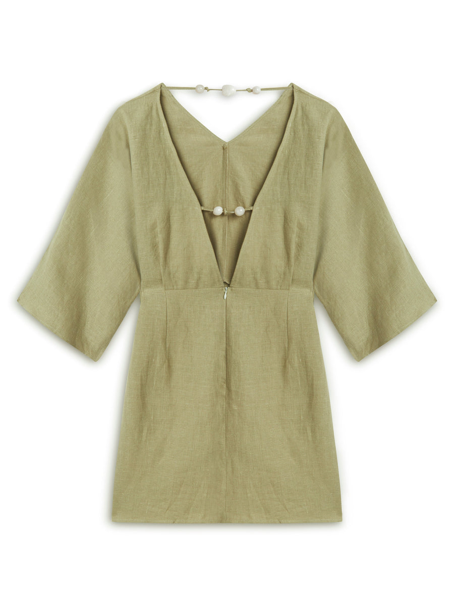 Green Beaded Back Detailed Mini Dress