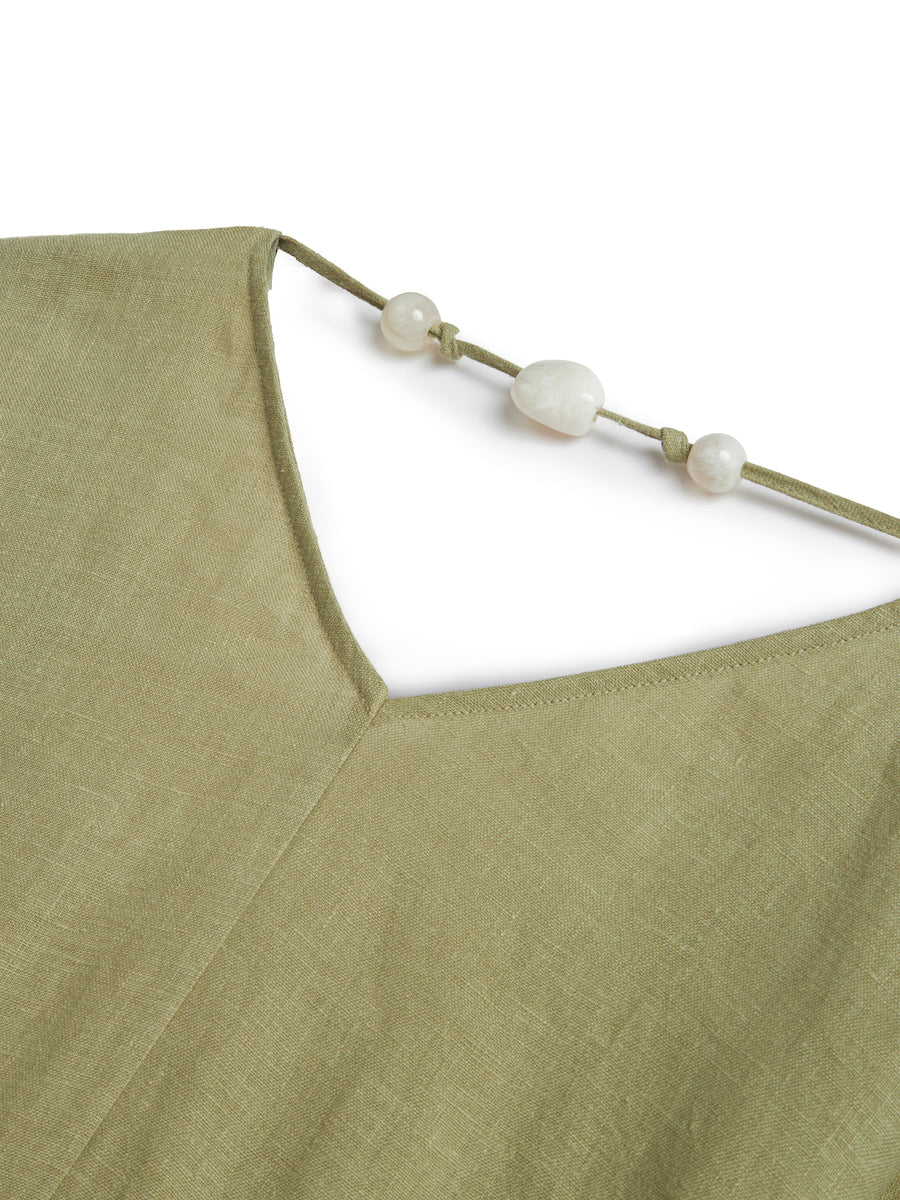 Green Beaded Back Detailed Mini Dress