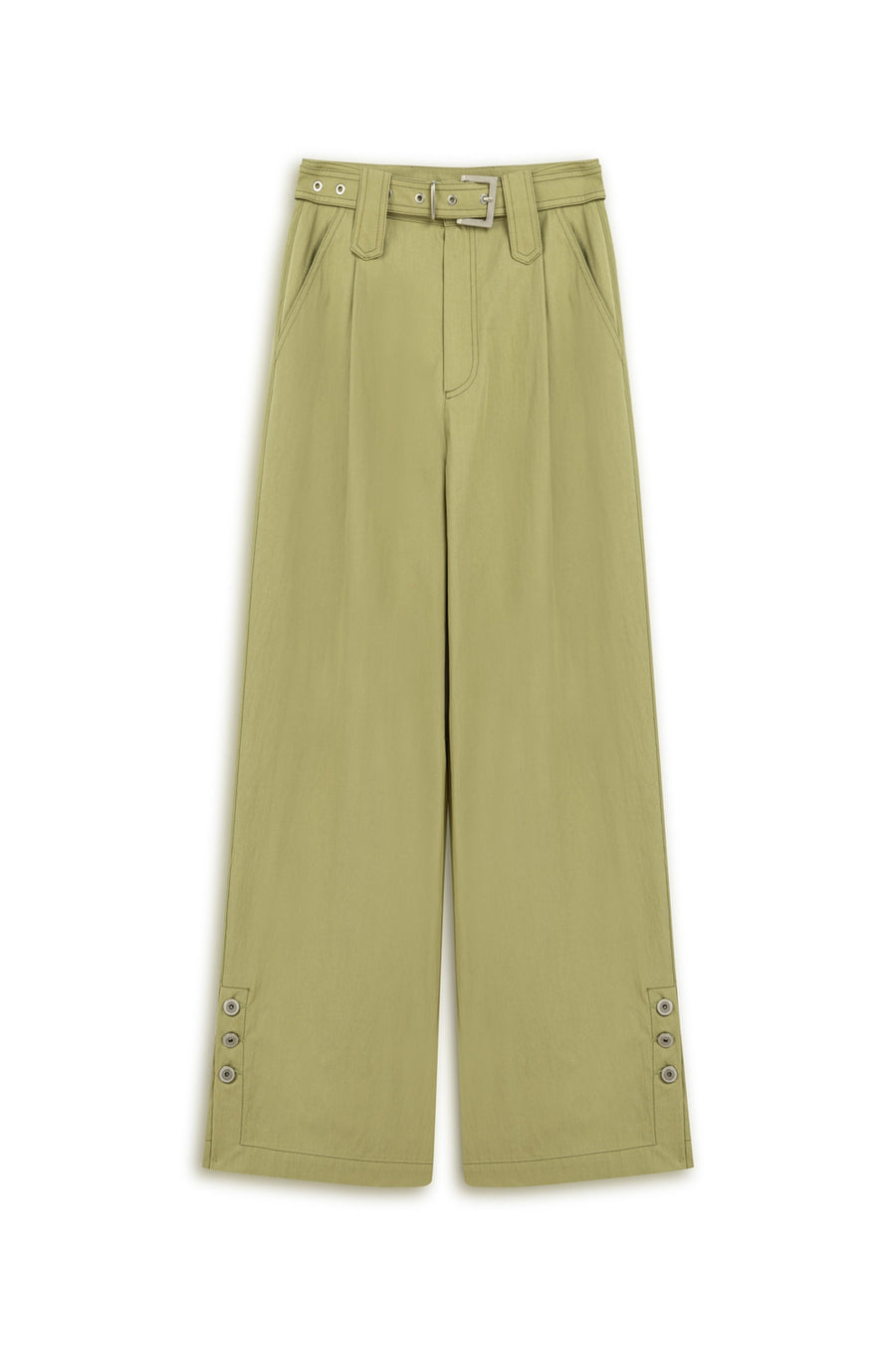 Green Metal Buckle Detailed Belted Pants