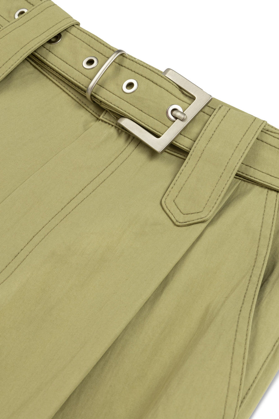 Green Metal Buckle Detailed Belted Pants