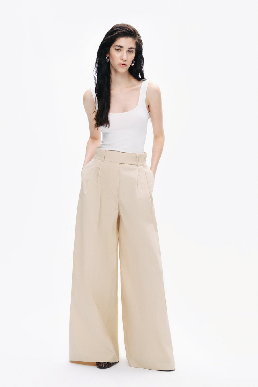 Beige Double Pleated Pants