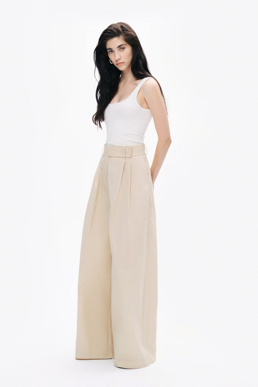 Beige Double Pleated Pants