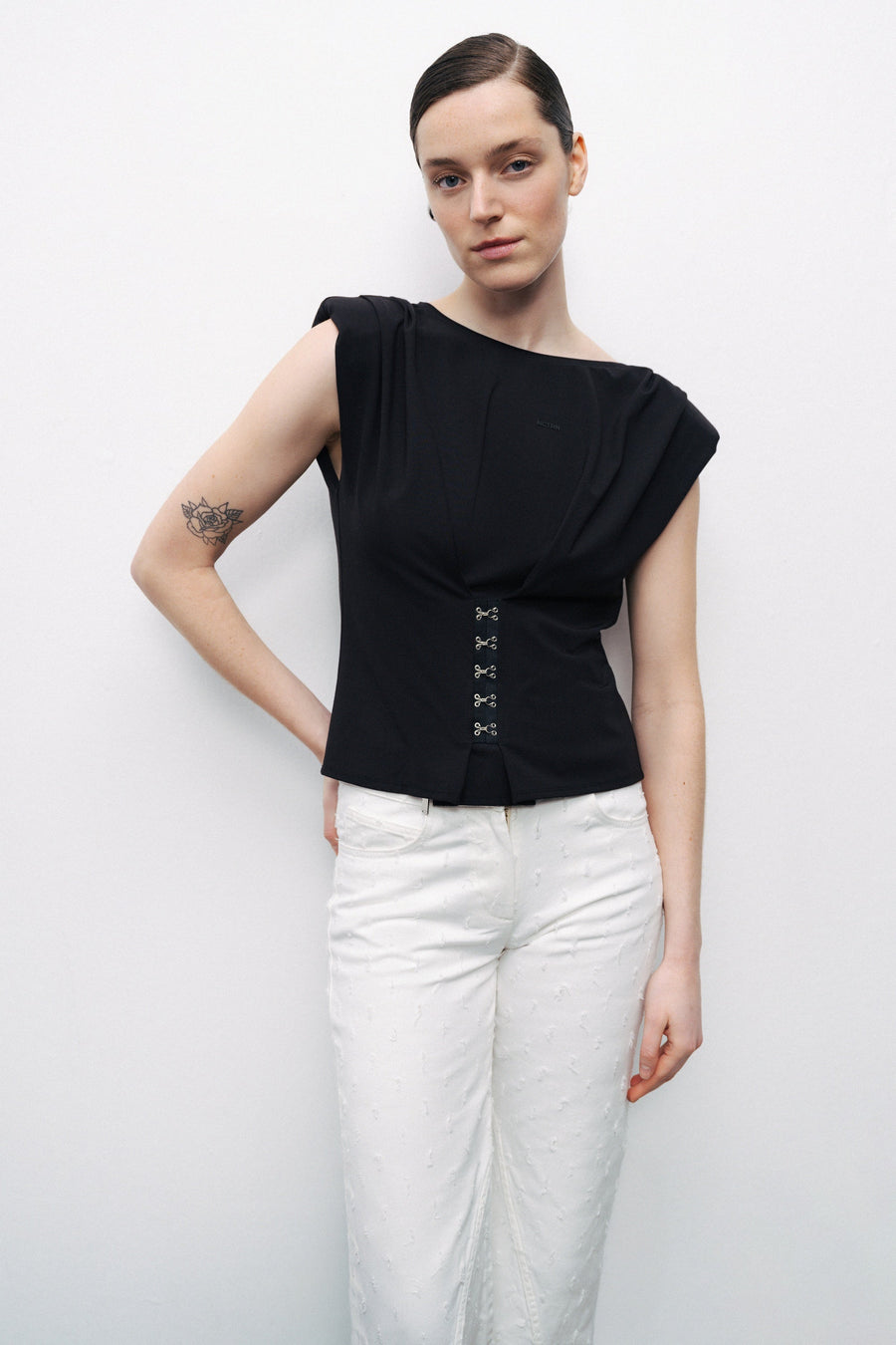 Black T-Shirt with Agraffe Accessory Detail