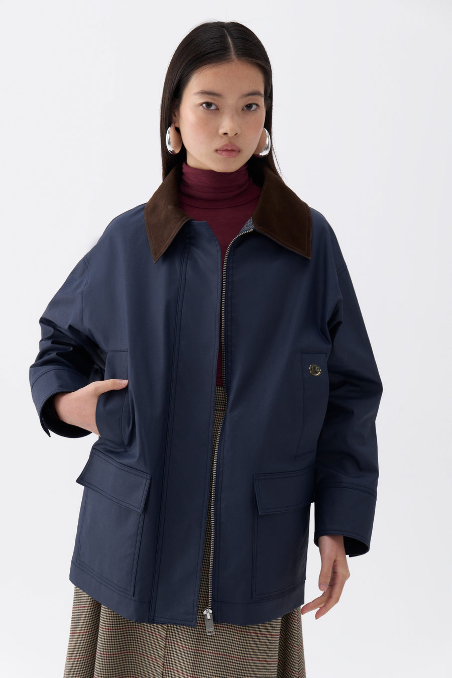 Blue Shirt Collar Cotton Blend Coat