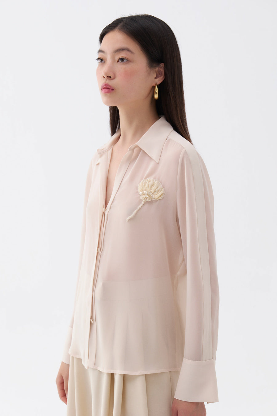 Beige Sheer Floral-Embroidered Shirt