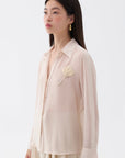 Beige Sheer Floral-Embroidered Shirt