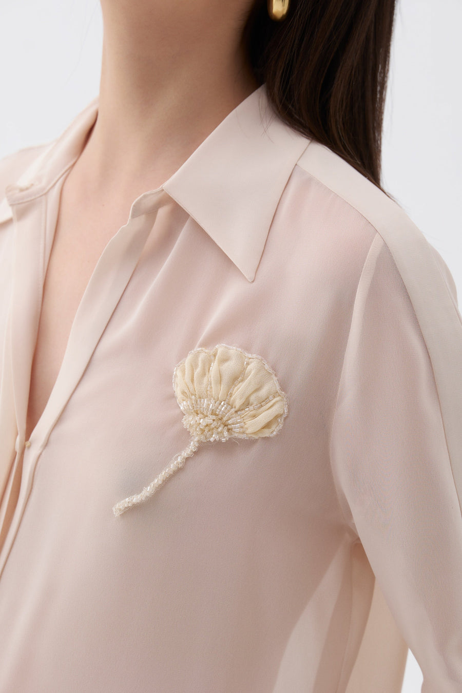 Beige Sheer Floral-Embroidered Shirt