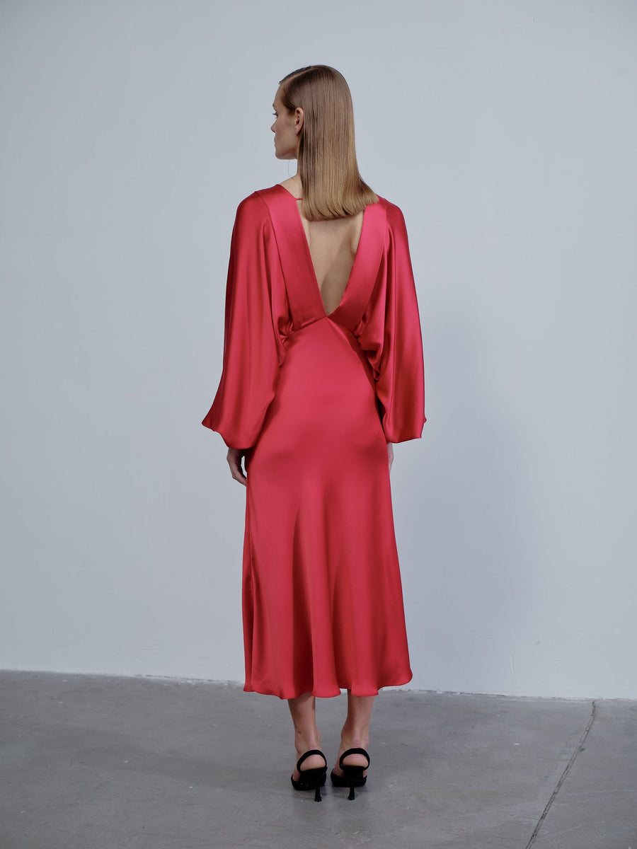 Mila V Neck Satin Dress in Rouge