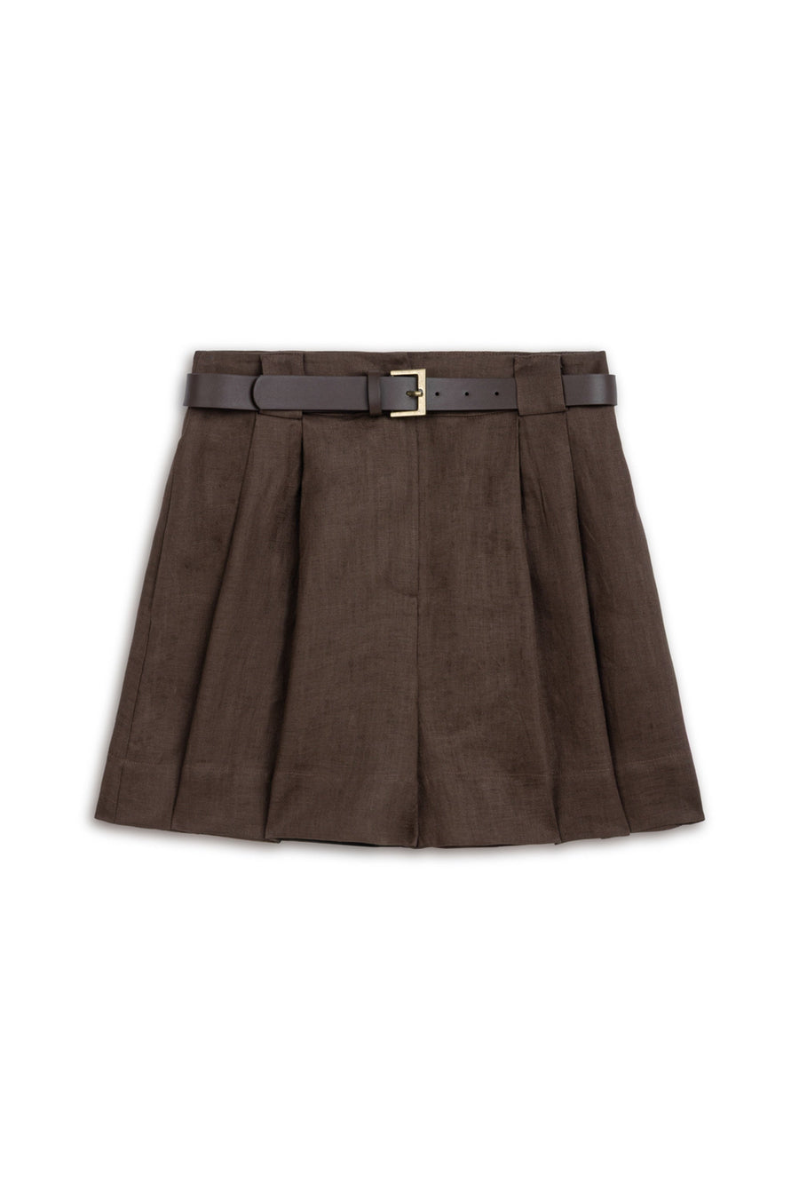 Coffee Belted Linen Mini Shorts