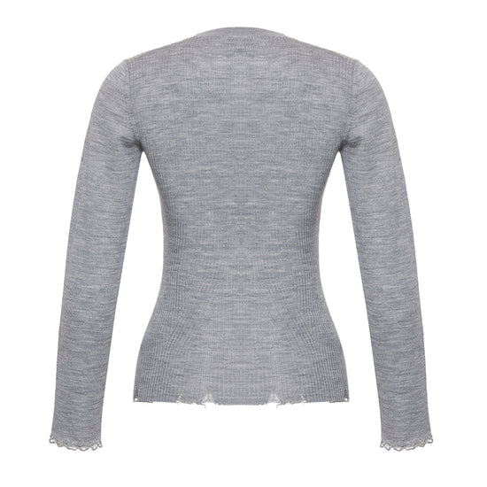 Gray 100% Wool Melange Nuola Ribbed Crew - neck Pullover