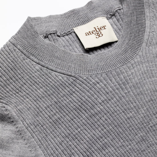 Gray 100% Wool Melange Nuola Ribbed Crew - neck Pullover