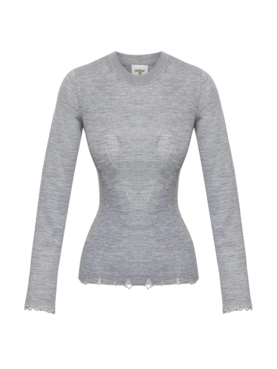 Gray 100% Wool Melange Nuola Ribbed Crew - neck Pullover