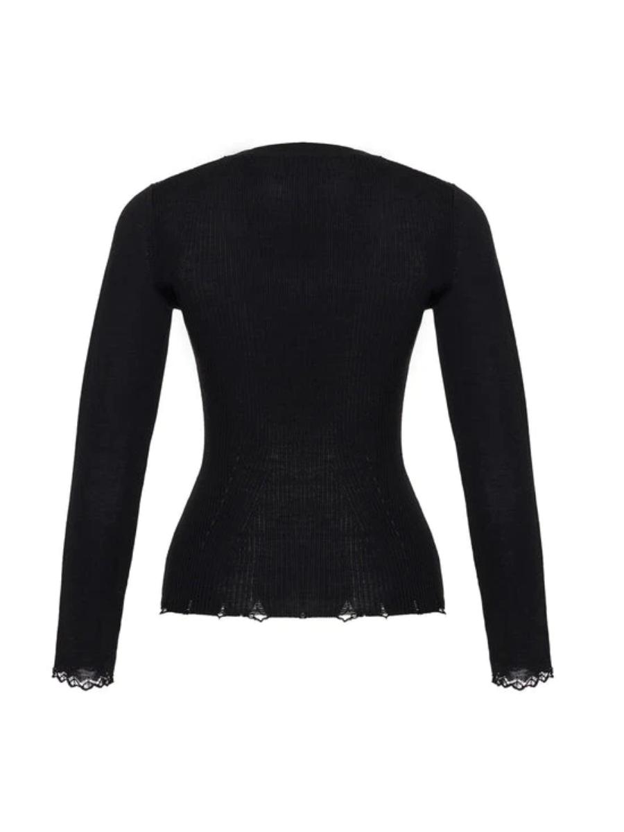 Black Melange Nuola Ribbed Crew - neck 100% Wool Pullover