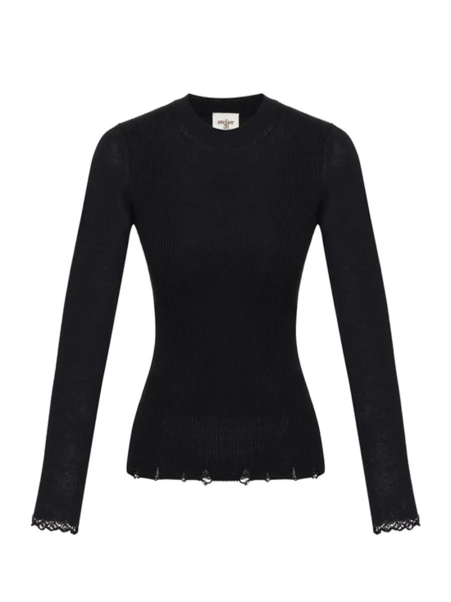 Black Melange Nuola Ribbed Crew - neck 100% Wool Pullover