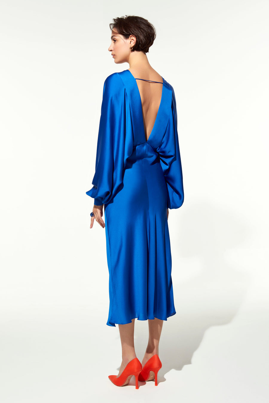 Mila V neck Satin Dress in Sax