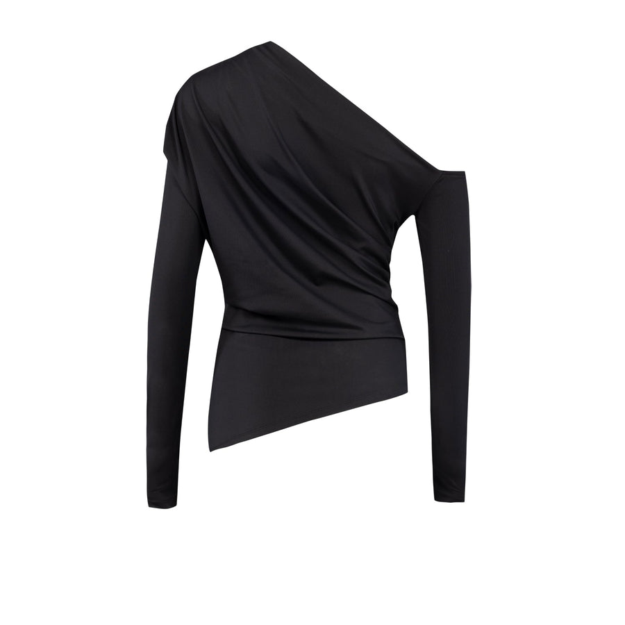 Black Long Sleeve Off-Shoulder Drape Blouse