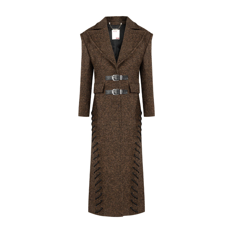 Brown Coat with Belted Front Side Eyelets and Drawstring Detail