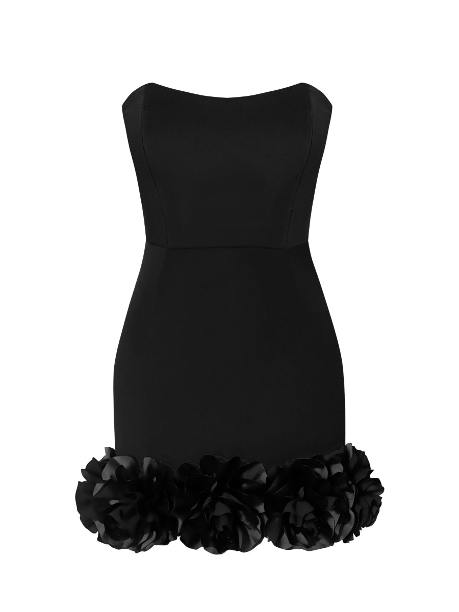 Rosy Black Strapless Corset Mini Evening Dress With Flower Details On The Hem Fınal Item - Porterist 2