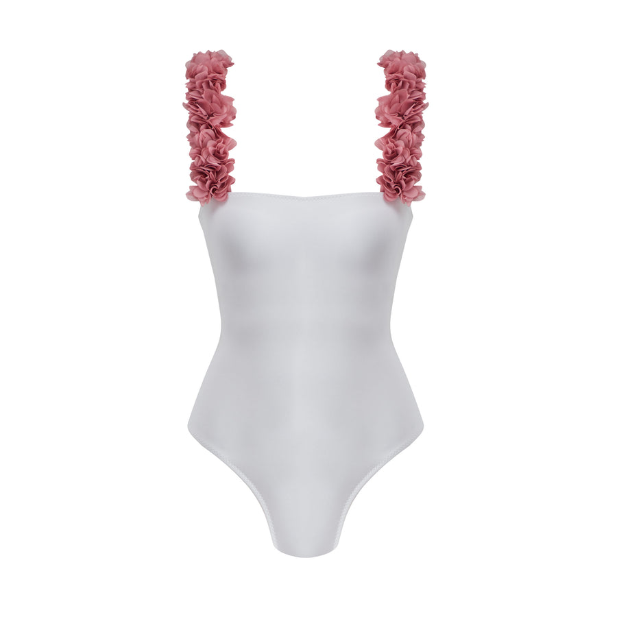 Rosa White Swimsuit With D.Pink Chiffon Flowers Straps